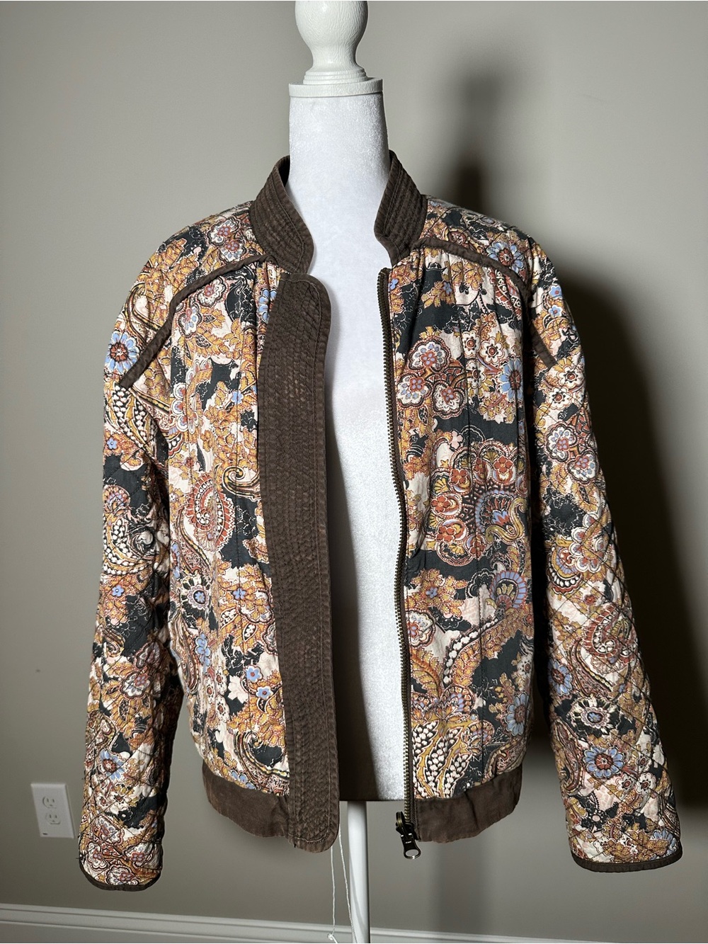 Free People Quilted Paisley Bomber Jacket in Brown and Black Women’s Size M